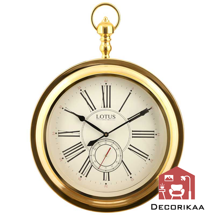 ساعت دیواری لوتوس فریم فلزی تمام آبکاری مدل ژولیت رنگ طلایی عدد رومی کد M-4031